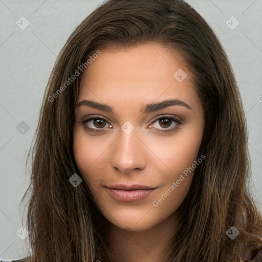 Neutral white young-adult female with long  brown hair and brown eyes