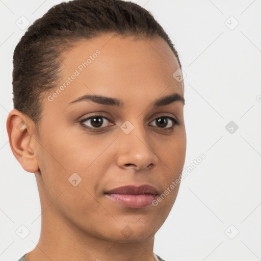 Joyful latino young-adult female with short  brown hair and brown eyes