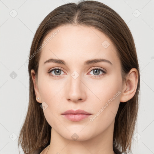 Neutral white young-adult female with long  brown hair and grey eyes