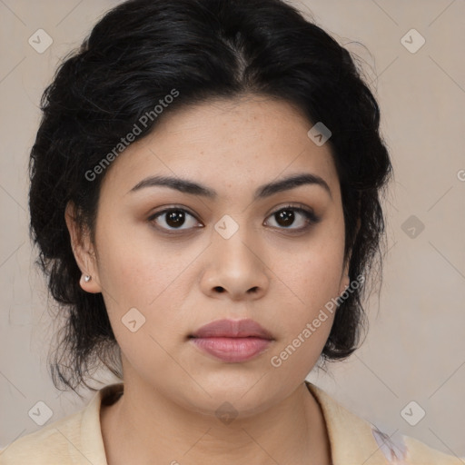 Neutral latino young-adult female with medium  black hair and brown eyes