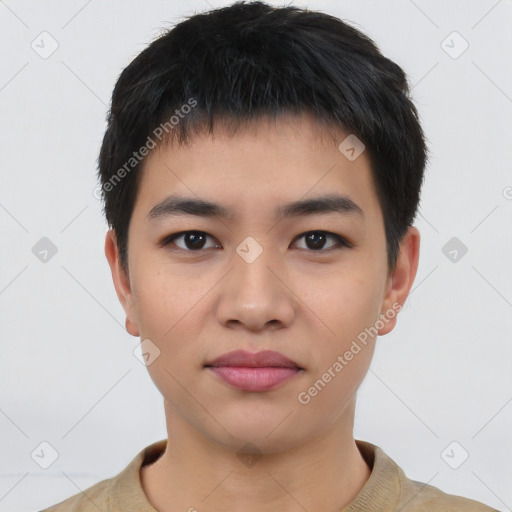 Joyful asian young-adult male with short  black hair and brown eyes
