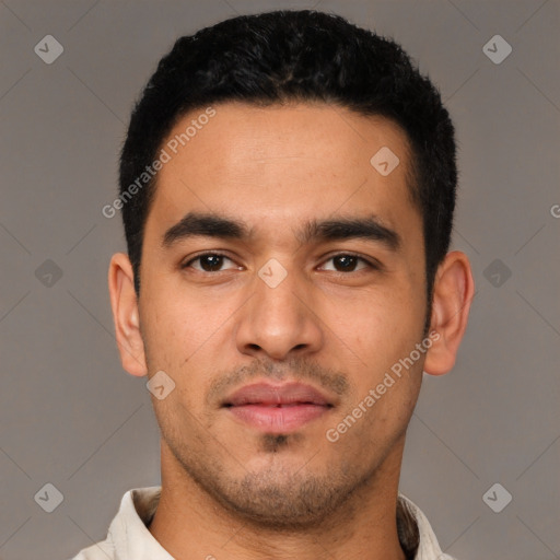 Neutral latino young-adult male with short  black hair and brown eyes