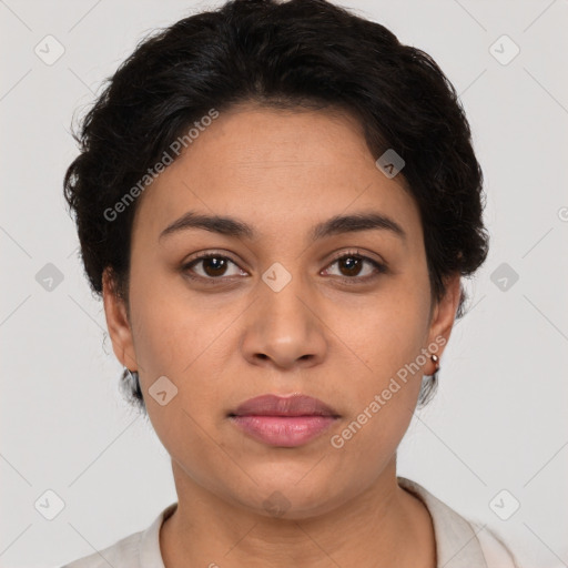 Neutral white young-adult female with short  brown hair and brown eyes