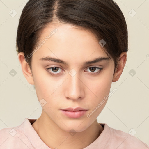 Neutral white young-adult female with short  brown hair and brown eyes