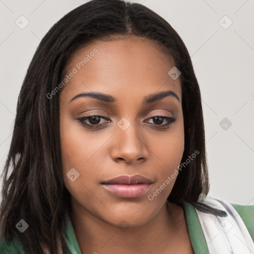 Joyful latino young-adult female with long  brown hair and brown eyes