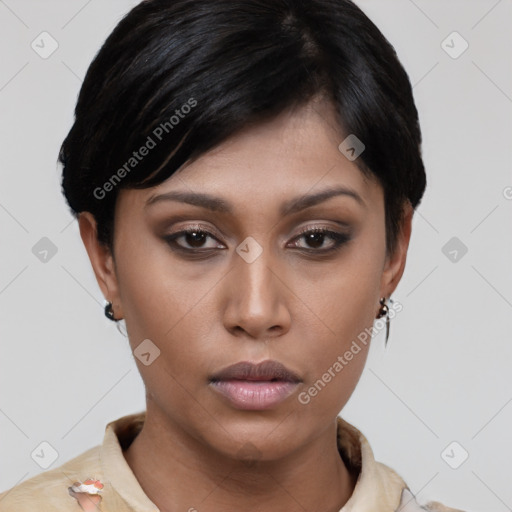 Neutral asian young-adult female with short  black hair and brown eyes