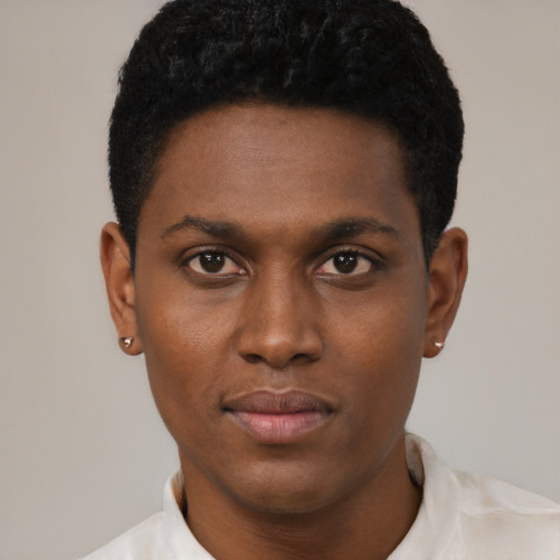 Neutral black young-adult male with short  black hair and brown eyes