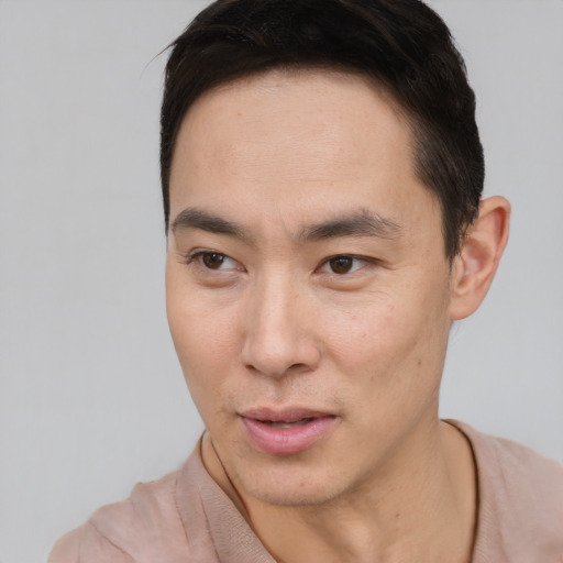 Neutral asian young-adult male with short  brown hair and brown eyes
