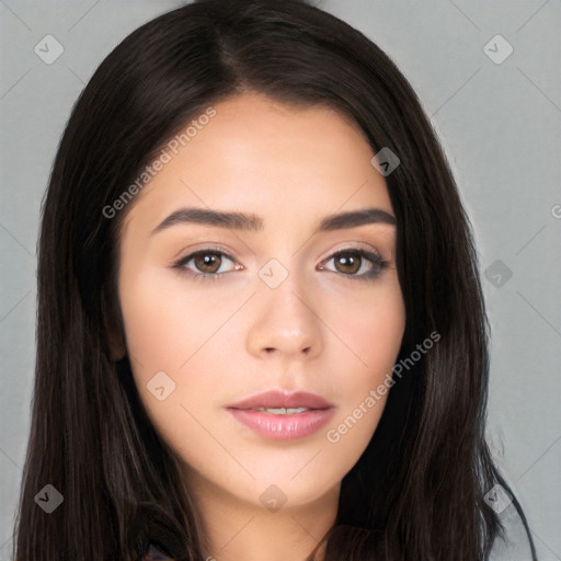 Neutral white young-adult female with long  brown hair and brown eyes