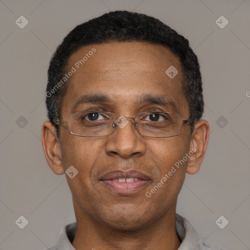 Joyful latino adult male with short  black hair and brown eyes
