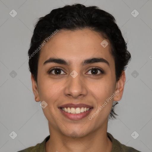 Joyful white young-adult female with short  brown hair and brown eyes