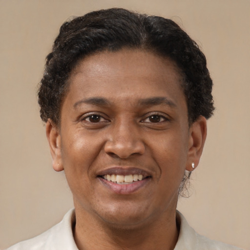 Joyful latino adult female with short  brown hair and brown eyes