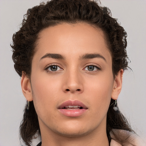 Neutral white young-adult female with medium  brown hair and brown eyes