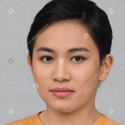 Neutral asian young-adult female with short  black hair and brown eyes