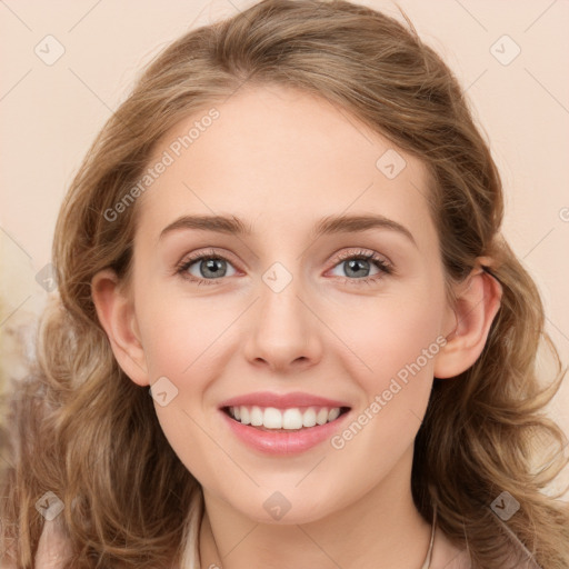 Joyful white young-adult female with long  brown hair and green eyes