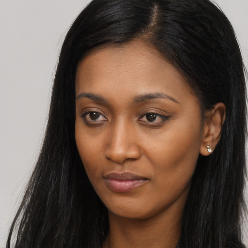 Neutral asian young-adult female with long  black hair and brown eyes