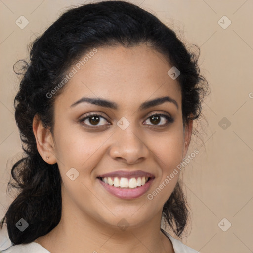 Joyful latino young-adult female with long  brown hair and brown eyes