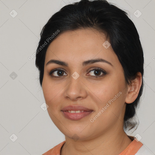 Joyful latino young-adult female with medium  black hair and brown eyes