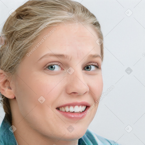 Joyful white young-adult female with medium  brown hair and blue eyes