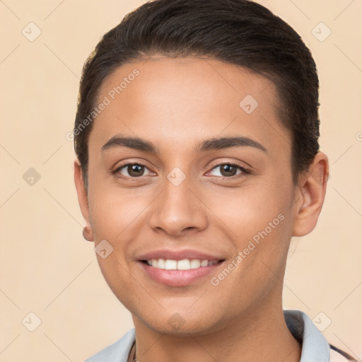 Joyful white young-adult female with short  brown hair and brown eyes