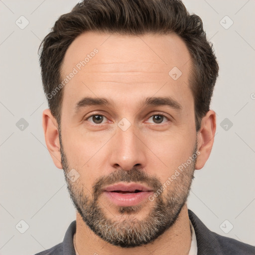 Neutral white adult male with short  brown hair and brown eyes