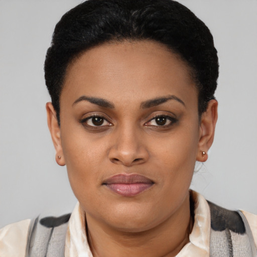 Joyful black young-adult female with short  brown hair and brown eyes
