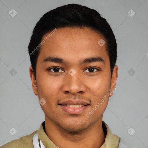 Joyful latino young-adult male with short  black hair and brown eyes