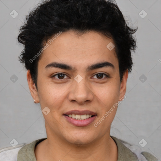 Joyful latino young-adult male with short  brown hair and brown eyes