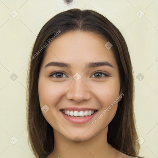 Joyful white young-adult female with long  brown hair and brown eyes