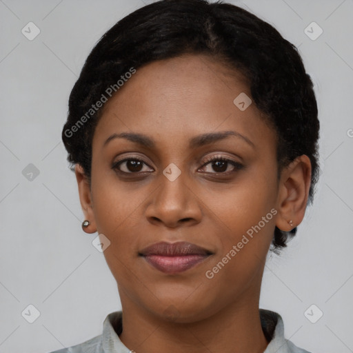 Joyful latino young-adult female with short  black hair and brown eyes