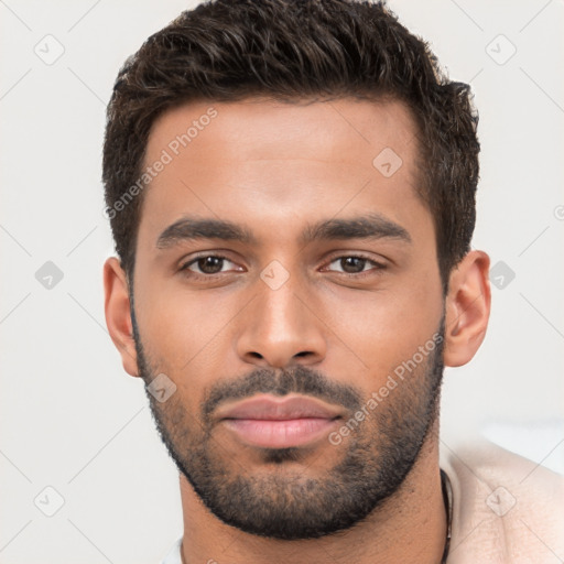 Neutral white young-adult male with short  brown hair and brown eyes