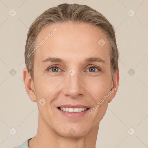 Joyful white adult female with short  brown hair and grey eyes