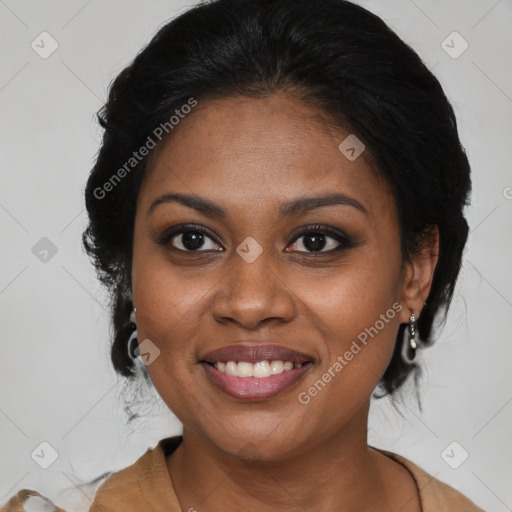 Joyful black young-adult female with medium  brown hair and brown eyes