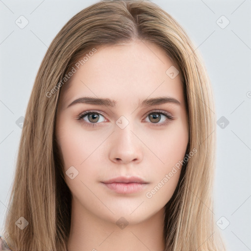 Neutral white young-adult female with long  brown hair and brown eyes