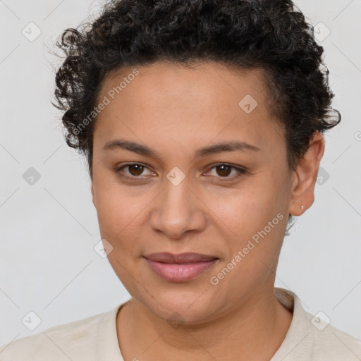 Joyful latino young-adult female with short  brown hair and brown eyes