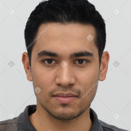 Neutral asian young-adult male with short  black hair and brown eyes