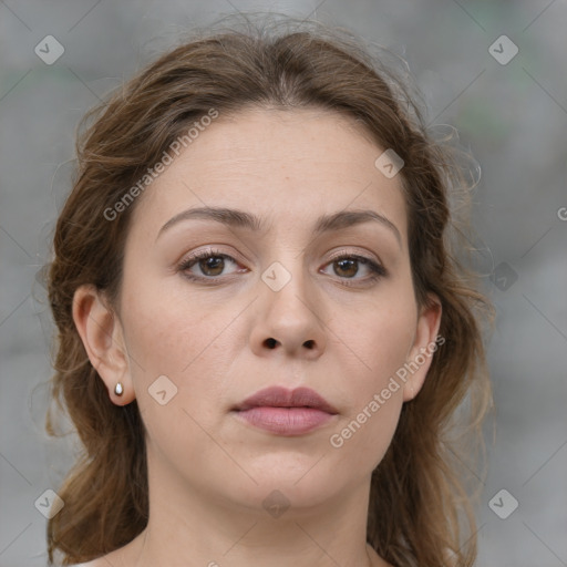 Neutral white young-adult female with medium  brown hair and grey eyes