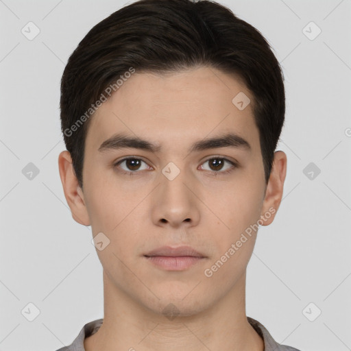 Neutral white young-adult male with short  brown hair and brown eyes