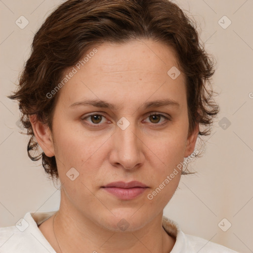 Neutral white young-adult female with short  brown hair and brown eyes