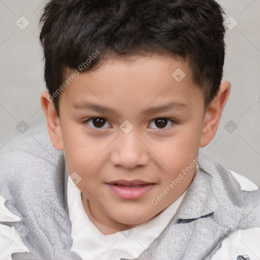 Joyful white child male with short  brown hair and brown eyes