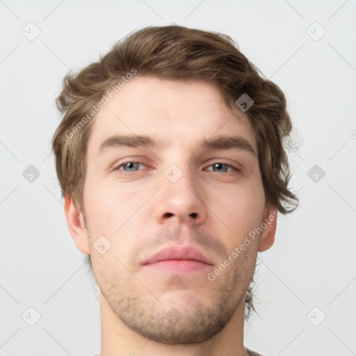 Neutral white young-adult male with short  brown hair and grey eyes