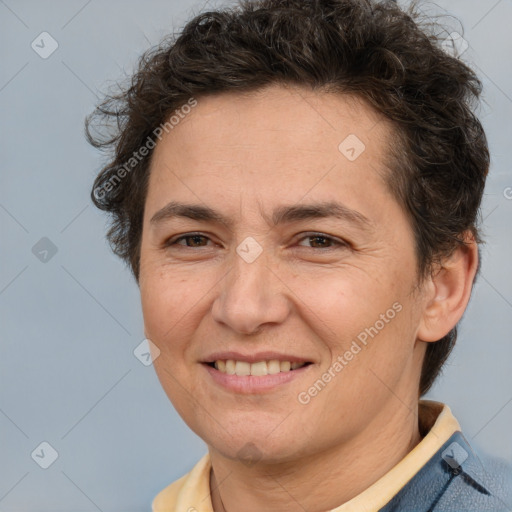 Joyful white adult female with short  brown hair and brown eyes