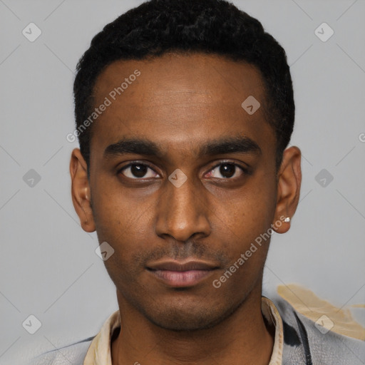 Neutral latino young-adult male with short  black hair and brown eyes