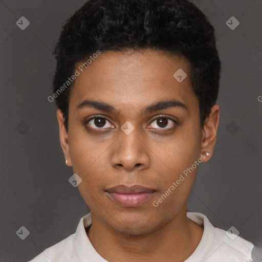 Neutral black young-adult male with short  black hair and brown eyes