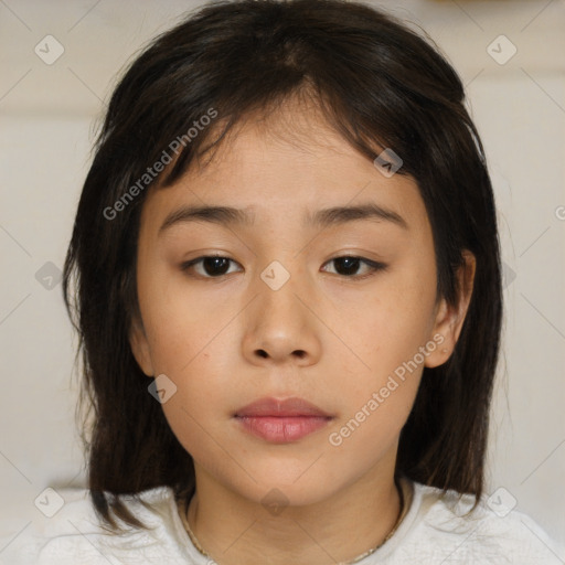 Neutral asian young-adult female with medium  brown hair and brown eyes