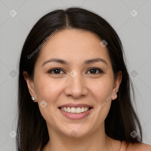 Joyful white young-adult female with long  brown hair and brown eyes