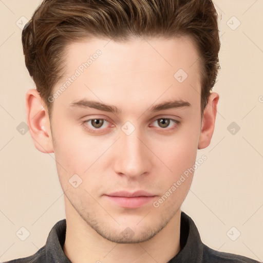 Neutral white young-adult male with short  brown hair and brown eyes