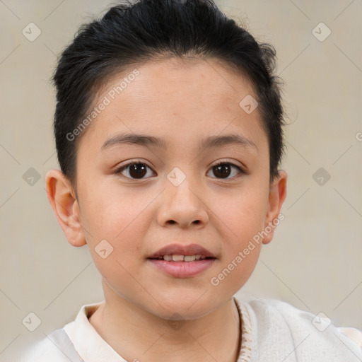 Joyful white child female with short  brown hair and brown eyes