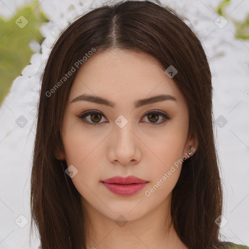 Neutral white young-adult female with medium  brown hair and brown eyes