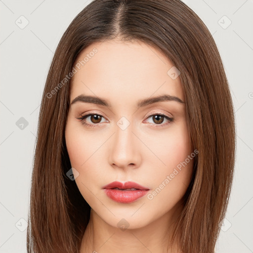 Neutral white young-adult female with long  brown hair and brown eyes